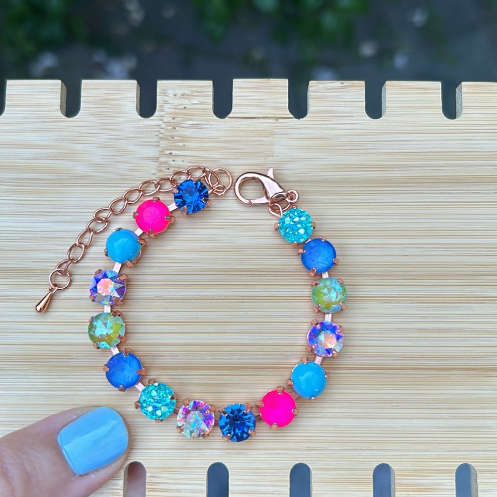 Sapphire Aurora Borealis + Fuchsia Hot Pink “Lillie” Crystal Tennis Bracelet - Picture 11 of 14